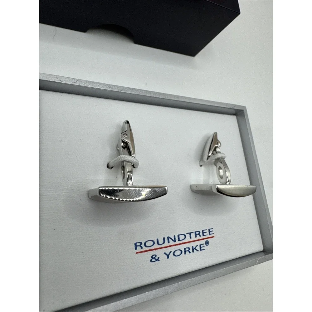 Roundtree & Yorke Mens Silver Tone Curved Rectangular Cufflinks NIB 61YK43X107